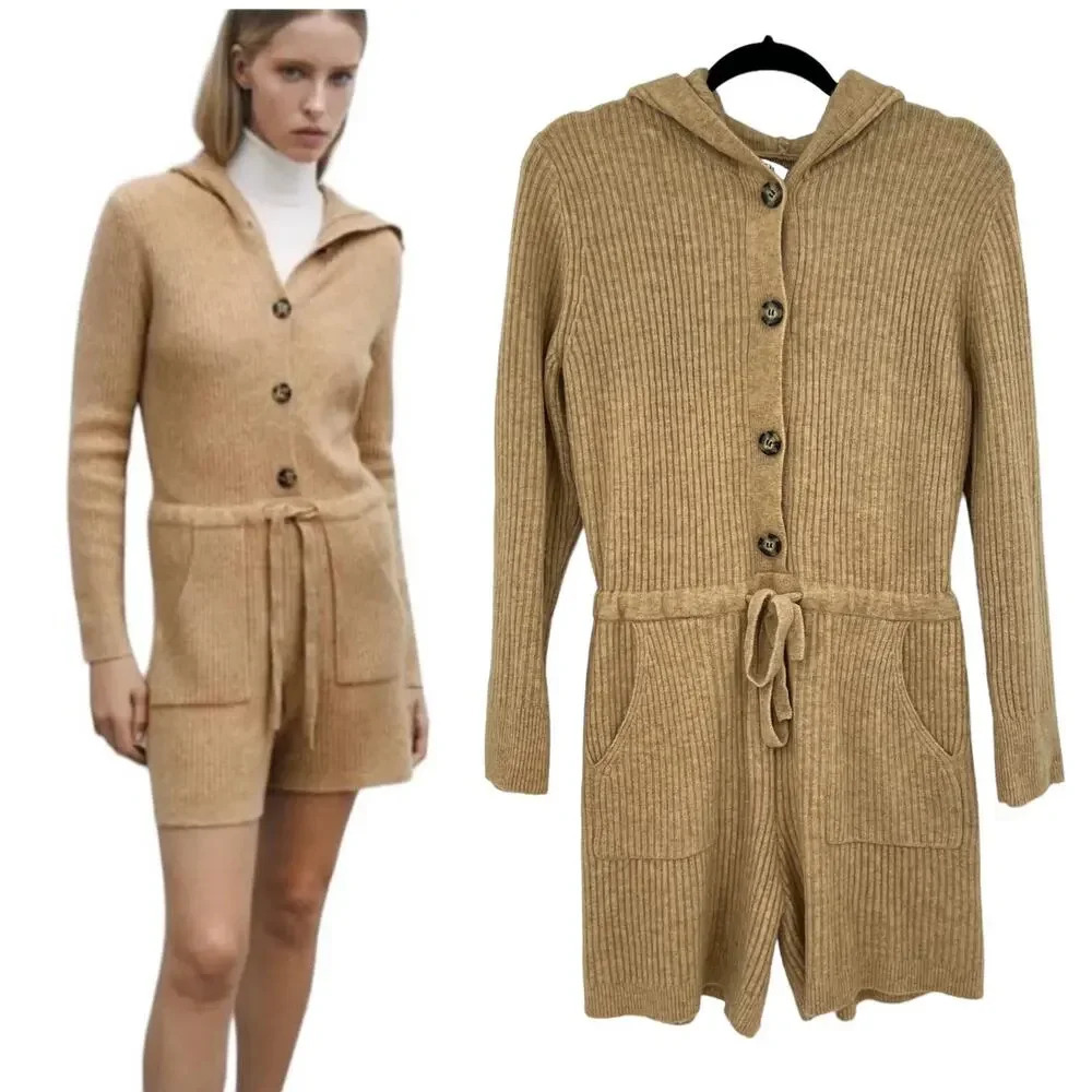 Zara Sweater Knit Ribbed Hooded Romper One Piece Beige Tan Size Small